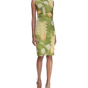 Unger Green Print Mesh Ruched Waist Dress Sz S